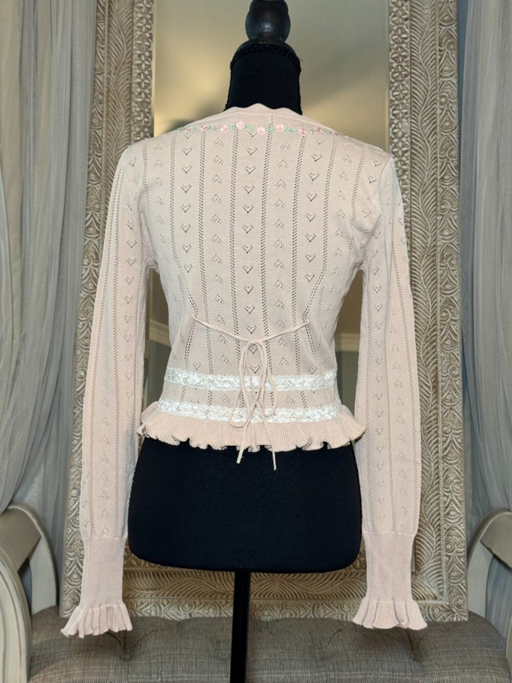 For Love & Lemons Pink Pointelle Cardigan Top S Coquette Floral - Picture 3 of 10